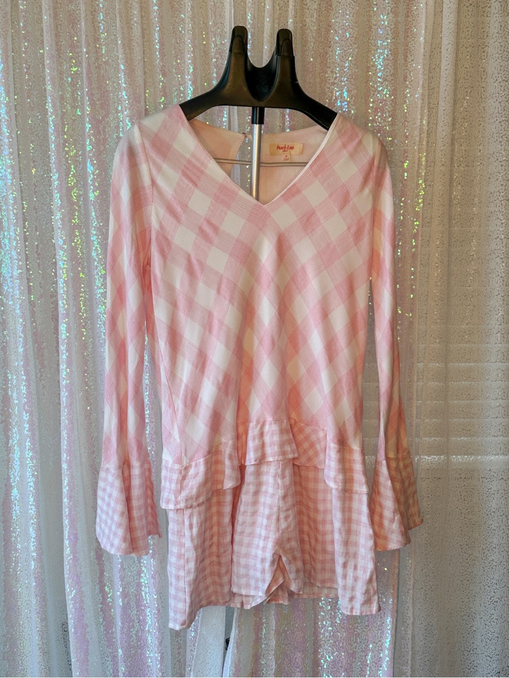 Peach Love California Pink and Cream Plaid Romper Size Medium